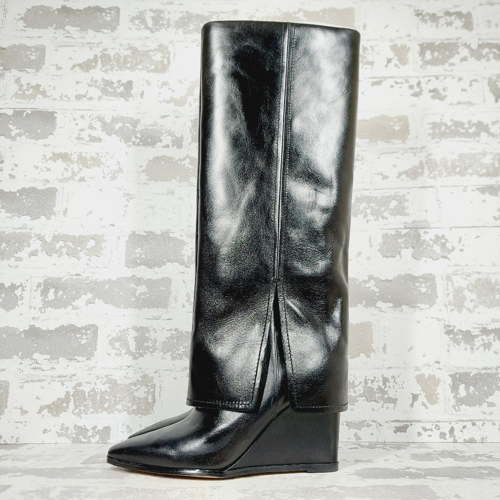 New Vince Camuto Tibani Black Leather Foldover Shaft Knee High Boot. M53